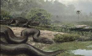 illustration of a gigantic snake near a crocodile